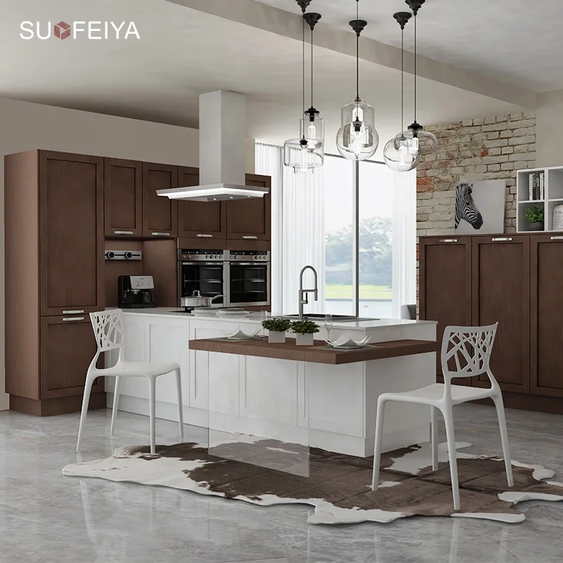 Suofeiya Trade Home Furniture Modern Handle Free Retro Plywood MDF Gloss Solid Wood Kitchen Cuisine Cabinet Supplier