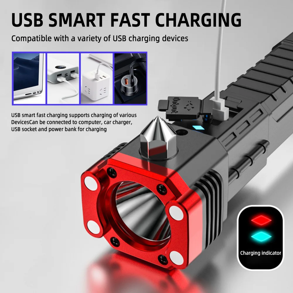 cob side light Power bank Safety Hammer knife magnet usb rechargeable battery zoom tactical led work torch lanterns flashlights