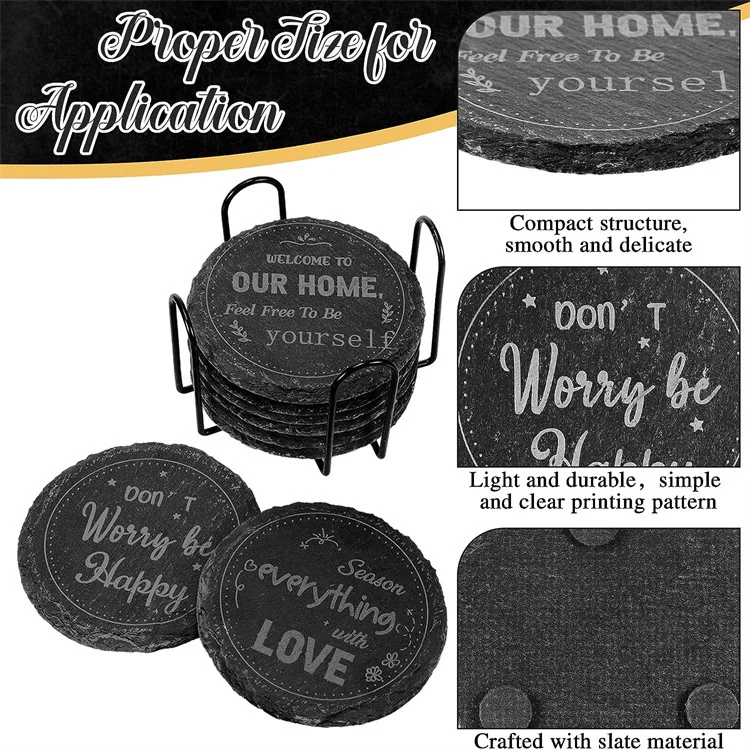 4 Inch Natural Round Square Slate Coaster Customized Set With Bracket Slate White Beverage Tea Coffee  Drink Slate Coaster