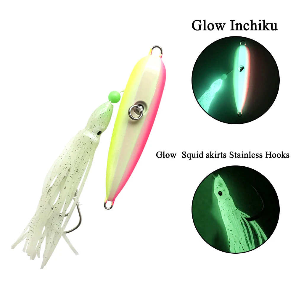 Fishing Squid Lures glow Inchiku Metal Jig 80g 100g 120g 150g 200g 250g Metal lure Octopus Skirt With Assist Hook
