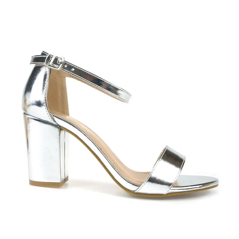 Latest Women Elegant and Sexy Shoes Popular Metallic Upper Middle Chunky Square High Heels Sandalias China Made Fashion Sandals