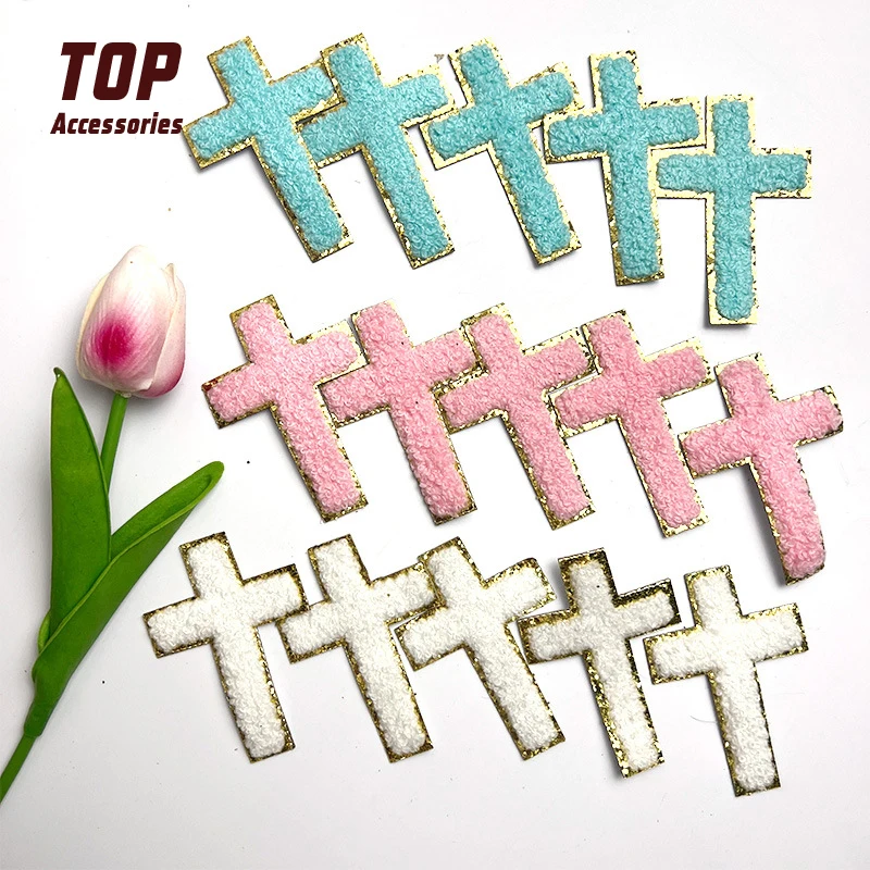 Factory Price Wholesale Cross Chenille Designer Patches with Glitter