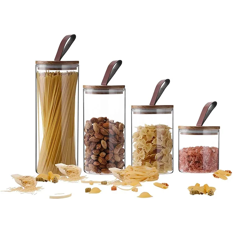 Square Transparent Airtight Borosilicate Glass Food Storage Jar with Acacia Wood Hand Lid for Candy Tea Coffee Bean