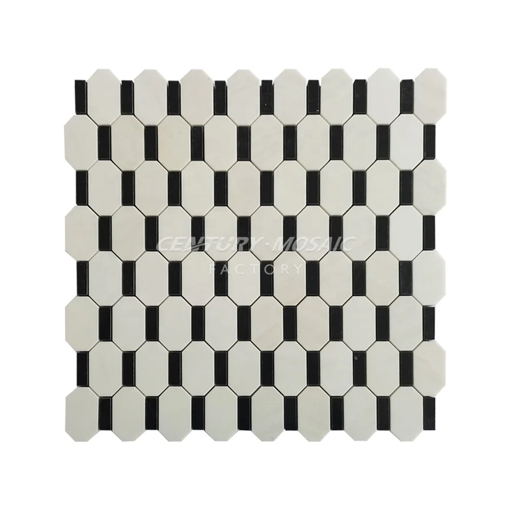 Century Mosaic Natural Stone Marble White Black Octagon Strip Mosaic Tile Flooring Wall