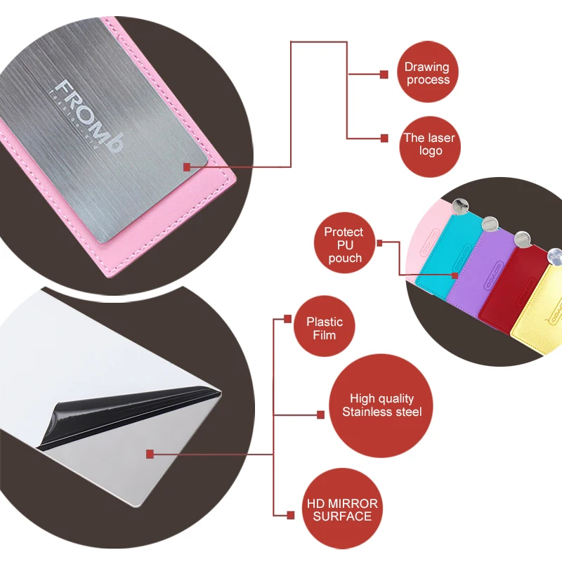 Tiny Wallet Mirror Plate Cosmetic Stainless Steel Leather Pocket Mirror Metal Unbreakable Stainless Steel Makeup Mirror