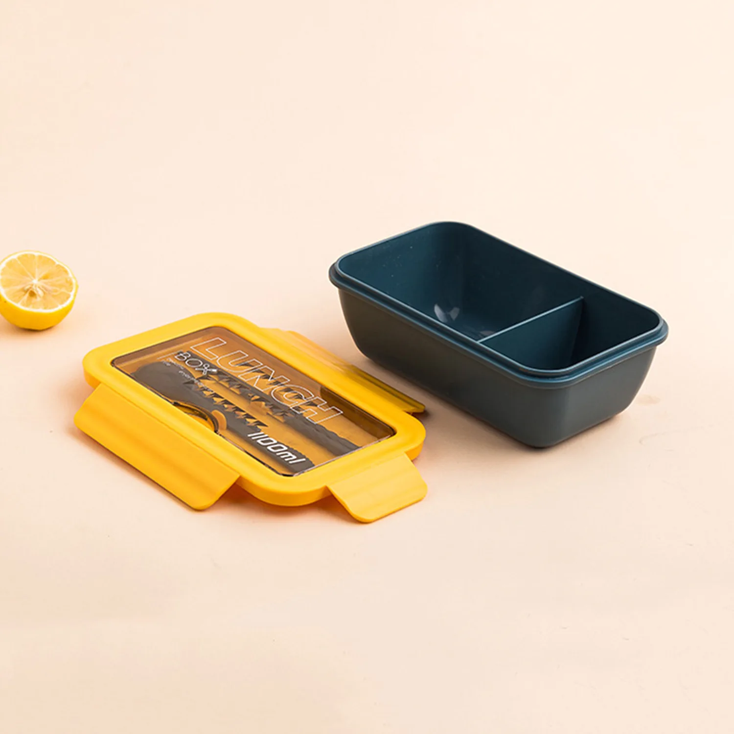 Single-layer flip two-compartment 1100ml plastic sealed rectangular lunch box for children with tableware