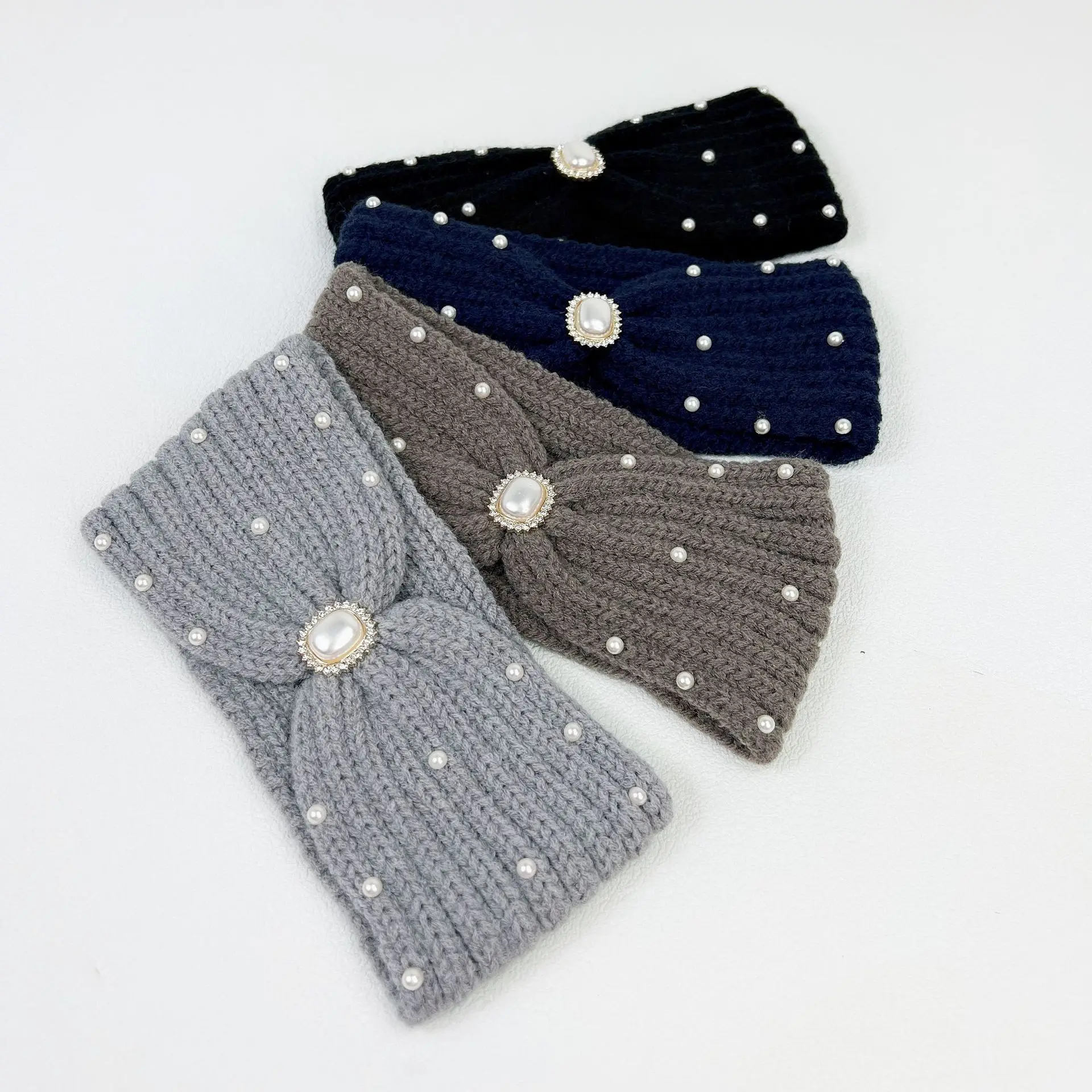 10 Colors Knitted Wool Headband Pearl Diamond Hair Band Turban Headwrap Hat Elastic Warm Headwear Ear Warmer Hair Accessories