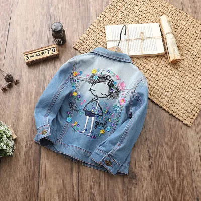 Детская одежда, новинка на весну, хлопковая джинсовая куртка с вышивкой сзади для девочек, детские джинсовые куртки для девочек