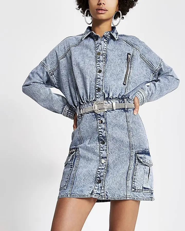 New Fashionable Women Light Blue Dress Button Fly  Belt  Denim Dress For Ladies
