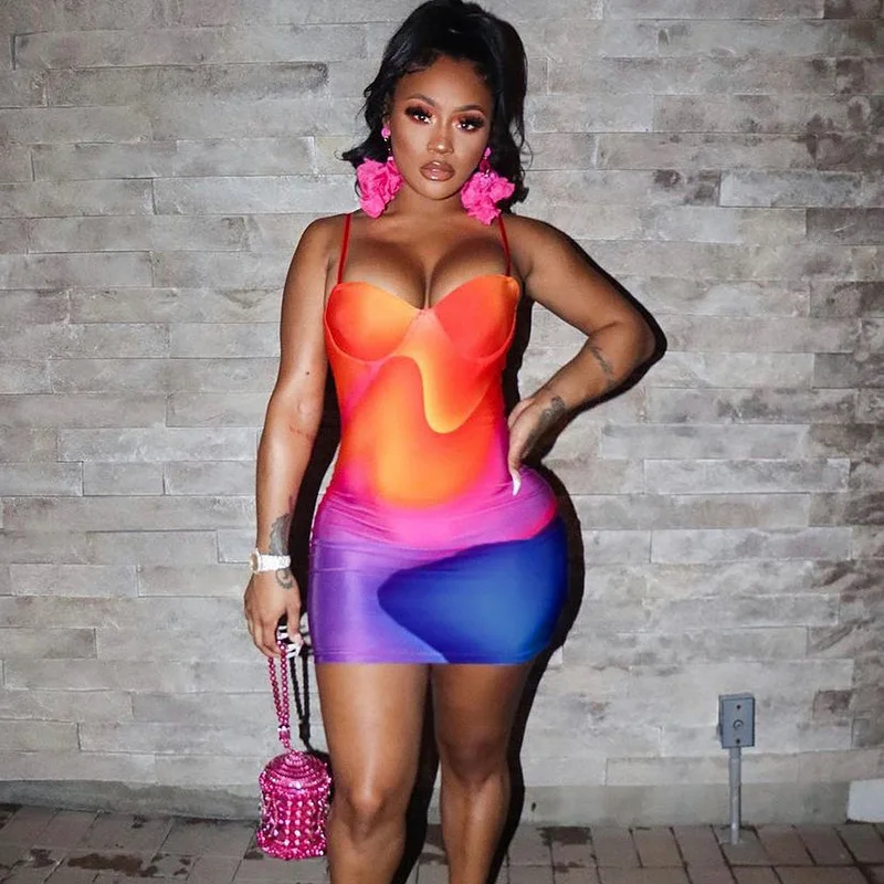 Fashion Womens Dresses Halter Mini Tie Dye Dresses Women Bodycon  Backless 2023 Spring Dresses for Women