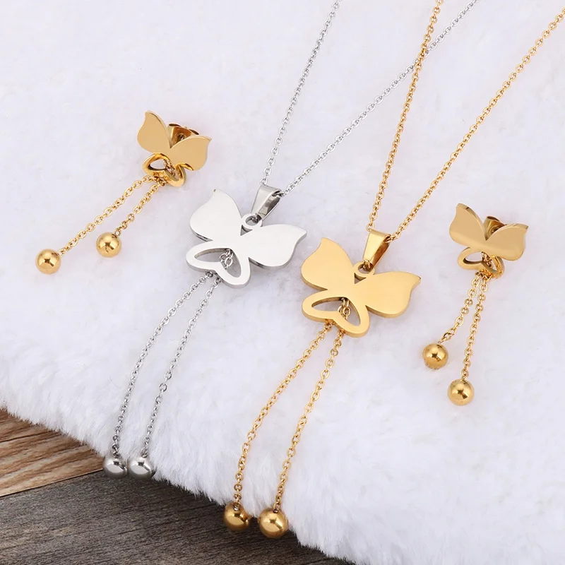Butterfly Tassel Necklace Earring Jewelry Set Stainless Steel Women Engagement Jewelry Set Custom Design Gift