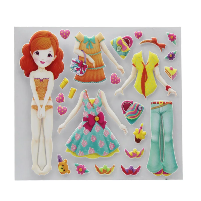 Custom Beautiful Girls Princess Dress 3D Cartoon Clothing Puffy Adhesive Sticker for Kids