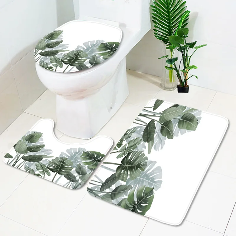 Hot selling factory wholesale green leaf waterproof shower curtain90g/Flat toilet carpet floor mat cross-border