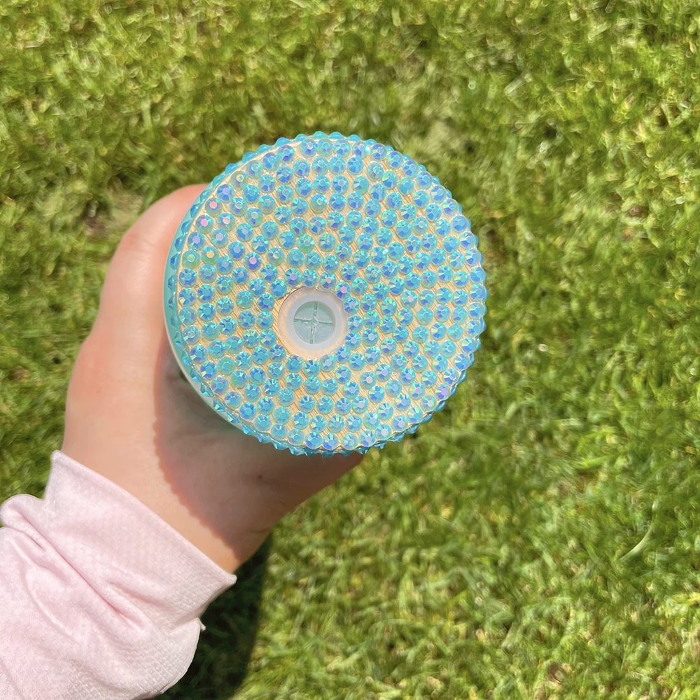 Reusable rhinestone bling pp lid for 16oz glass can Super Sparkly Bling Plastic Covers for 20oz Beer Glass Can