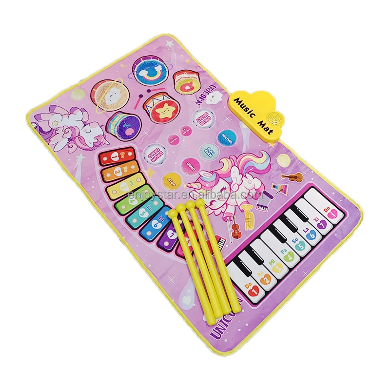ENJOYSTAR 2024 New Unicorn 3 In 1 Electric Playmat Educational Music Toys For Kid Keyboard Xylophone & Drum Mat With 4 Sticks