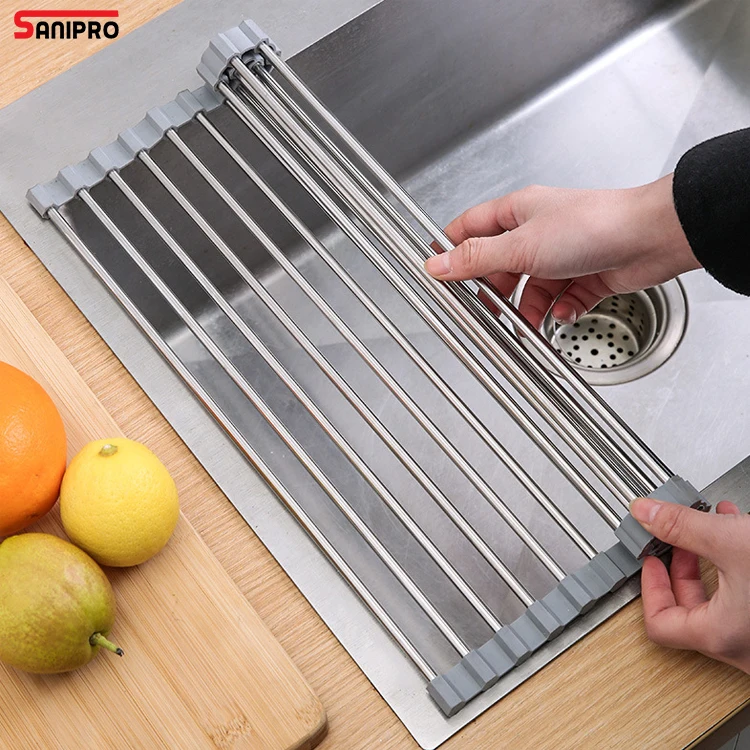 SANIPRO Foldable Rolling Curtain Multifunctional Stainless Steel Sink Bowl Dish Drainer Rack Filter Drainage Storage Shelf