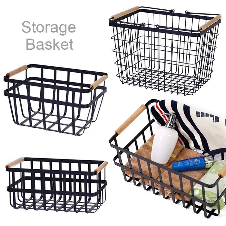 Vintage Locker Wire Storage Basket with Wood Handles for Closets Pantry Kitchen Garage Bathroom