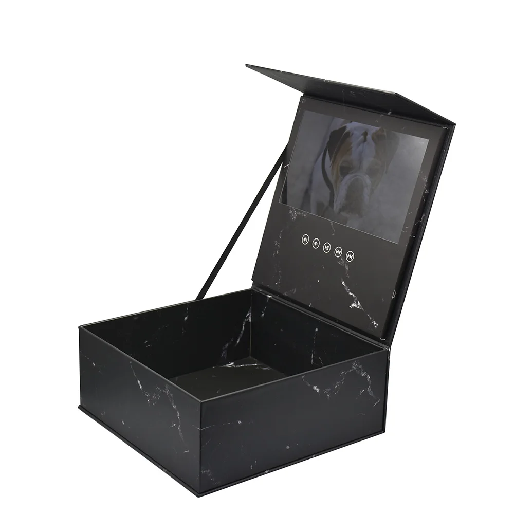 factory price customized Marble black 7 inch LCD screen greet video gift box jewelry ring box for advertising business marketing