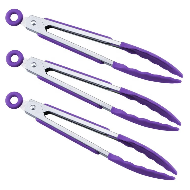 3 pieces tongs 7 9 12 inch BBQ frying food tongs non-slip grip locking kitchen tongs with silicone
