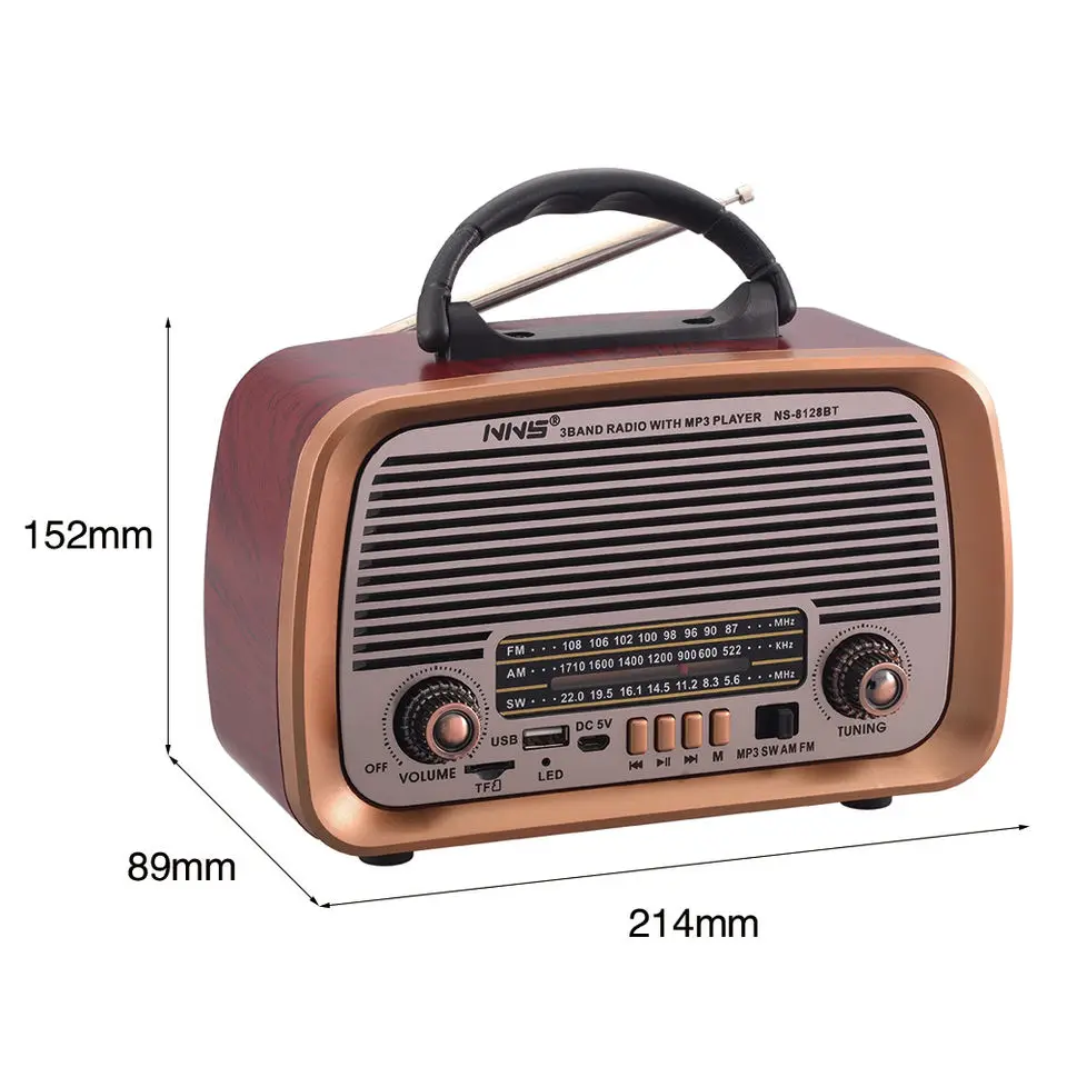 NNS Retro style portable radio AM FM SW 3 band vintage Radio wireless speaker NS-8128BT