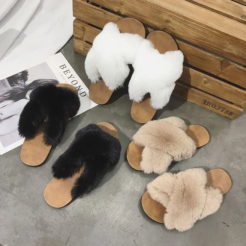 women winter slippers furry slippers cross faux fur upper slippers for women indoors outdoor slides
