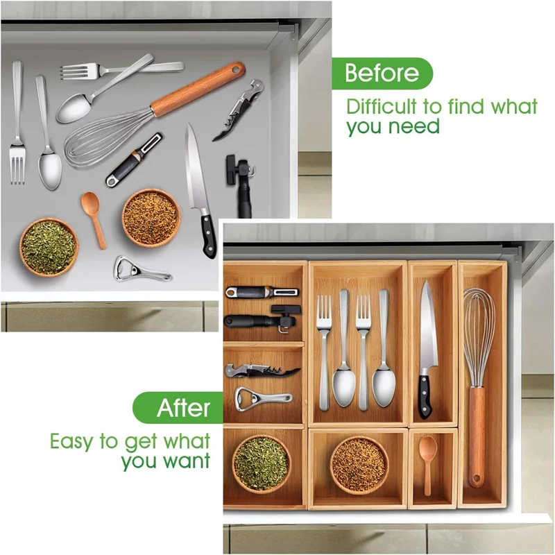 Kitchen Drawer Organizer for Utensils Grid Silverware Tray Bamboo Drawer Organizers Cutlery Storage with Removable Dividers