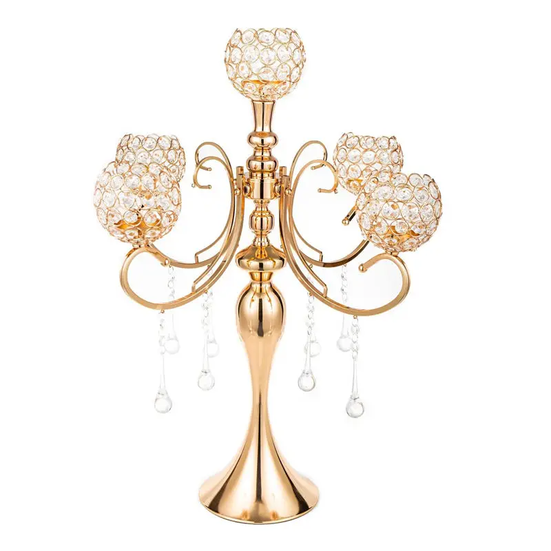 5 Arms Glass Candle Holders Candelabra Crystal Metal Candlesticks Stand Wedding Party Decorative Dining Room Table Centerpieces