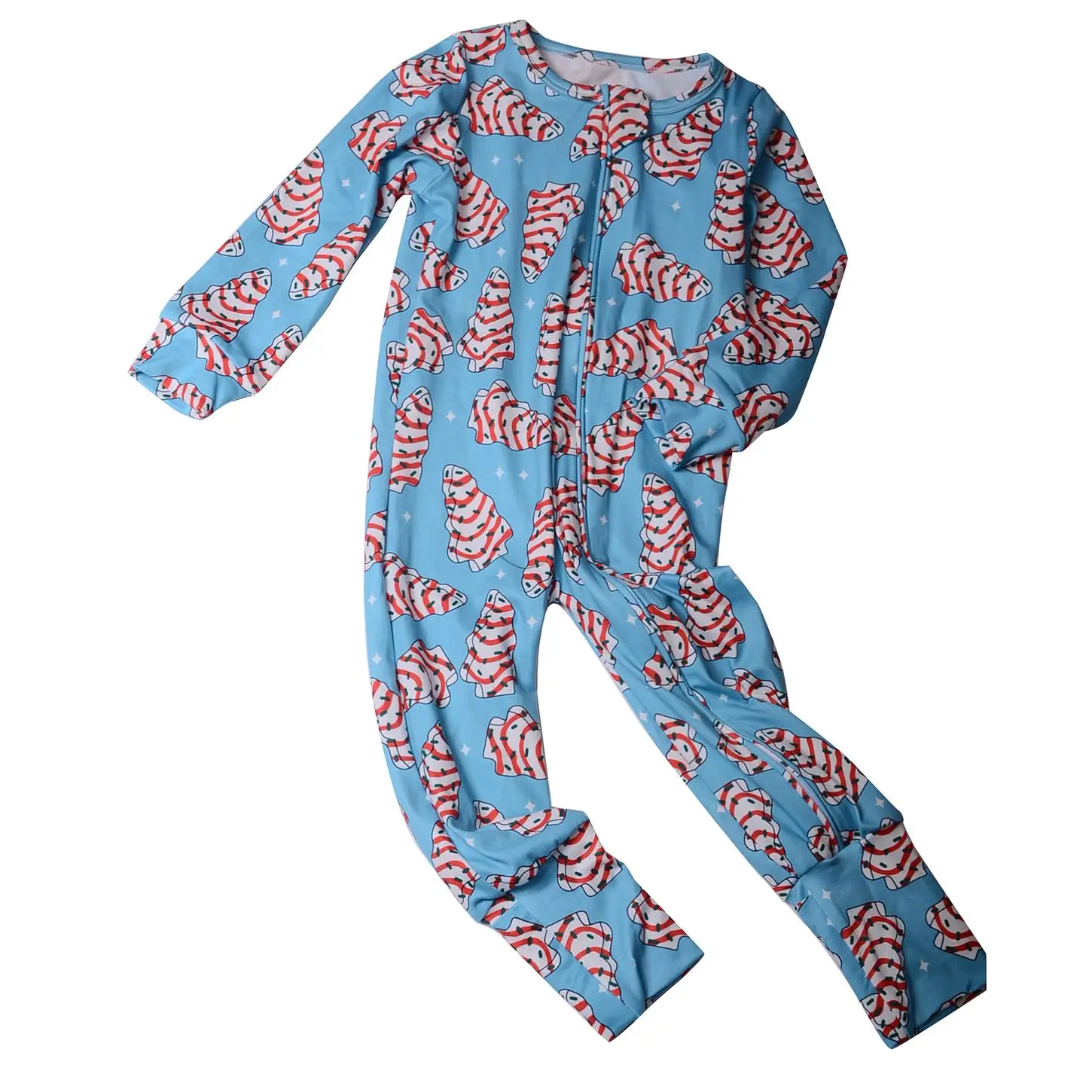 230g cotton/bamboo Custom Christmas Printed Girls Jumpsuit Long Folding feet Romper Babies Zip-Up Pajamas