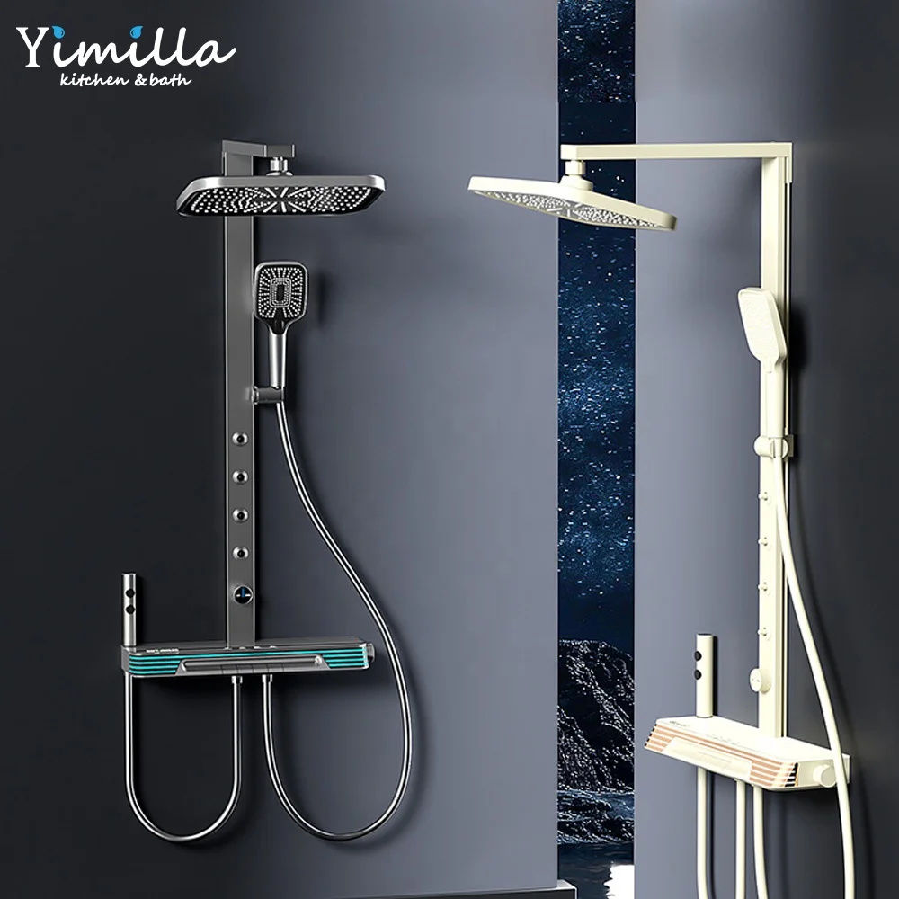 Tiktok Trend Gun Matel White Color Smart Led Back Waist Massage Shower System Exposed Wall Mounted Bathroom bath Shower Set