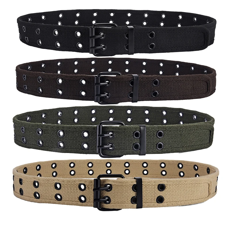 Double Grommet Belt Fabric Punk Aesthetic Belt for Women Men Casual Dark Color Pin Buckle Jeans 2 Hole Belts
