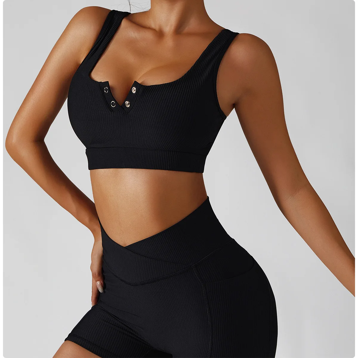 Pashasunshine Front Button Crop Top Shorts Sets Ribbed Seamless Fitness Wear Plain Workout Bra V Shorts Sets Yoga Wear