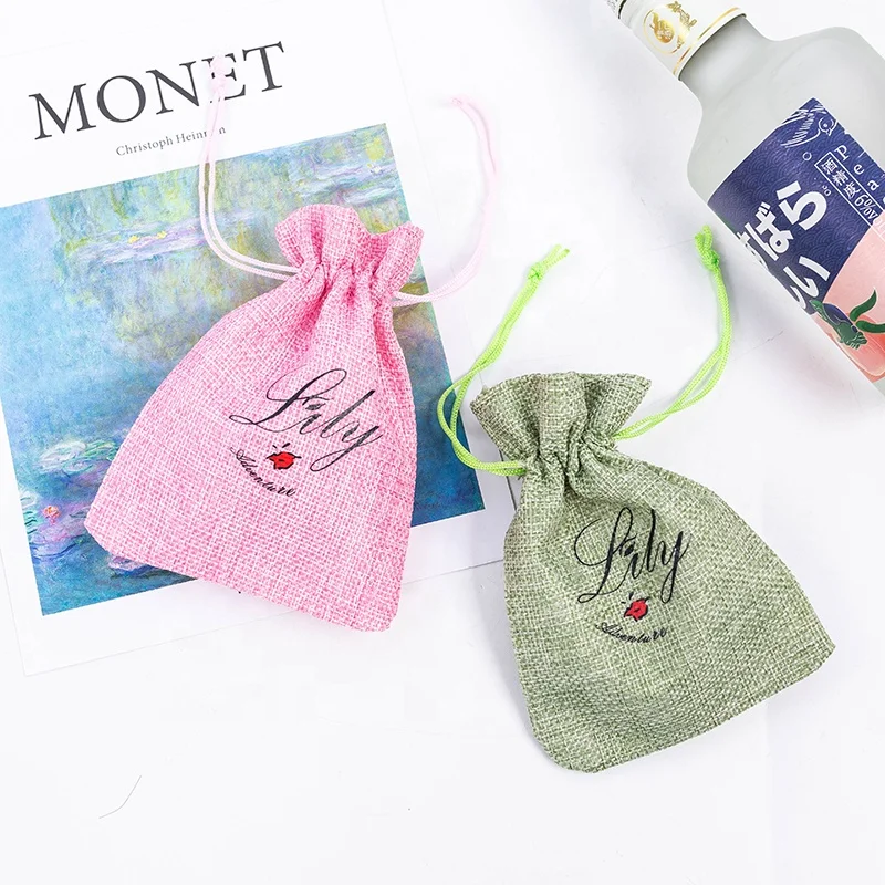 Custom Printed Small Size Promotional Hessian Bags Jute Pouches Gift Packing Drawstring Burlap Bags