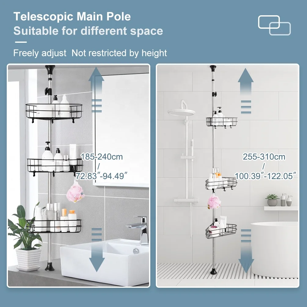 BAOYOUNI Stainless Steel 3 Tier Spring Tension Shower Caddy Adjustable Bathroom Corner Organizer Shelves Height up 310cm