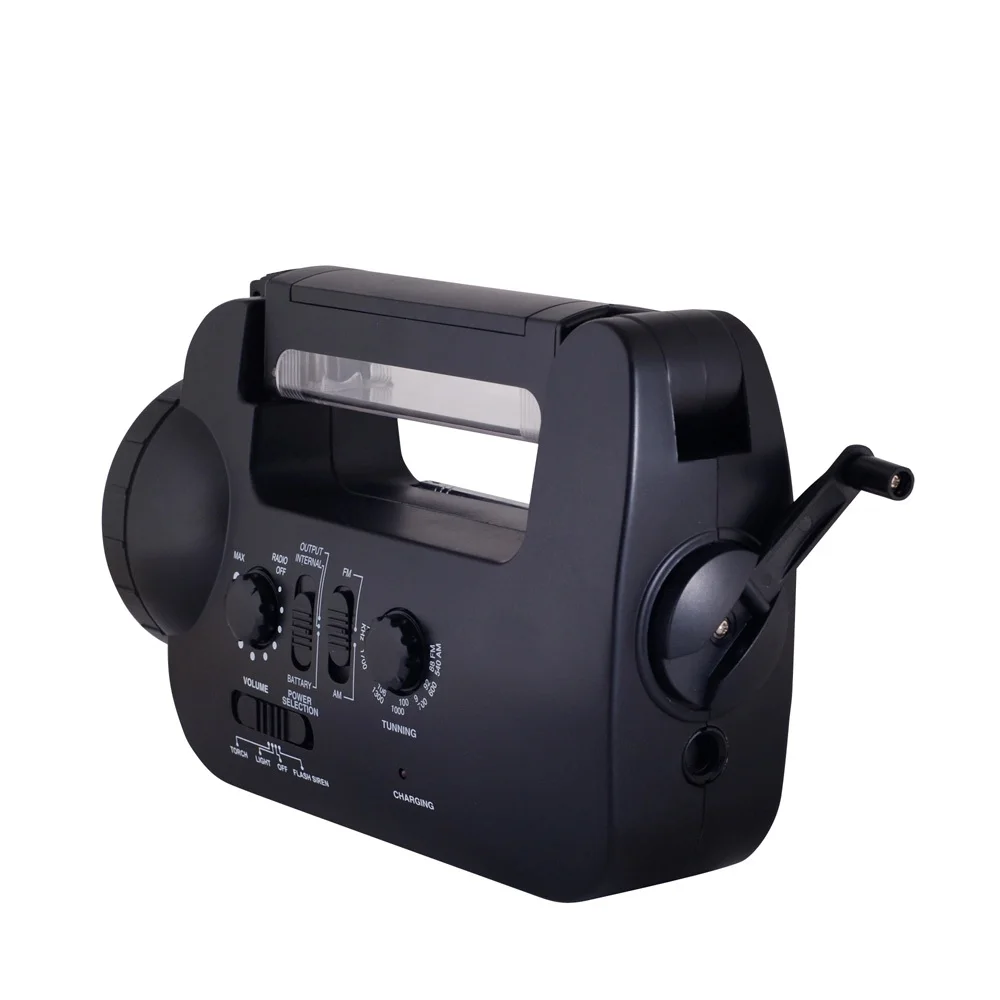 
Solar Hand Crank emergency LED flashlight FM/AM radio and mobile phone charger with burglar alarm 