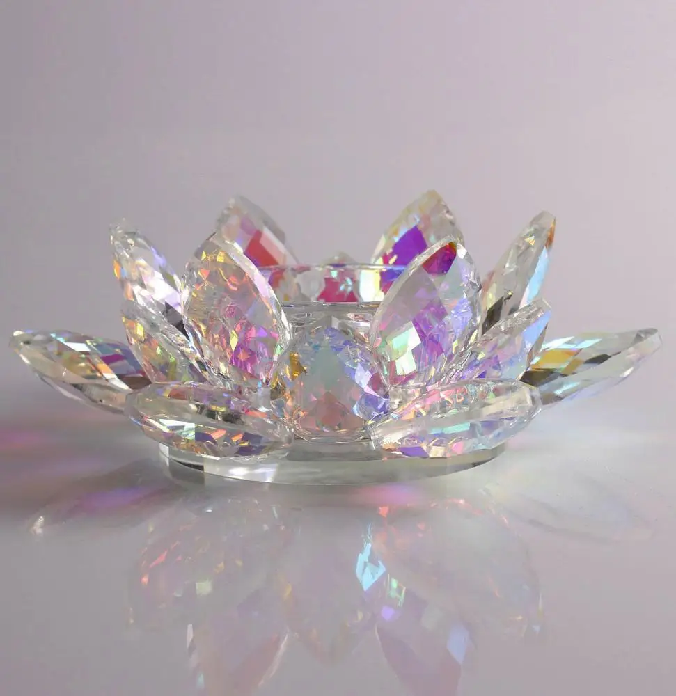 Wholesale Rainbow Colorful Crystal Glass Lotus Flower Shaped Candle Holders For Wedding Decorations