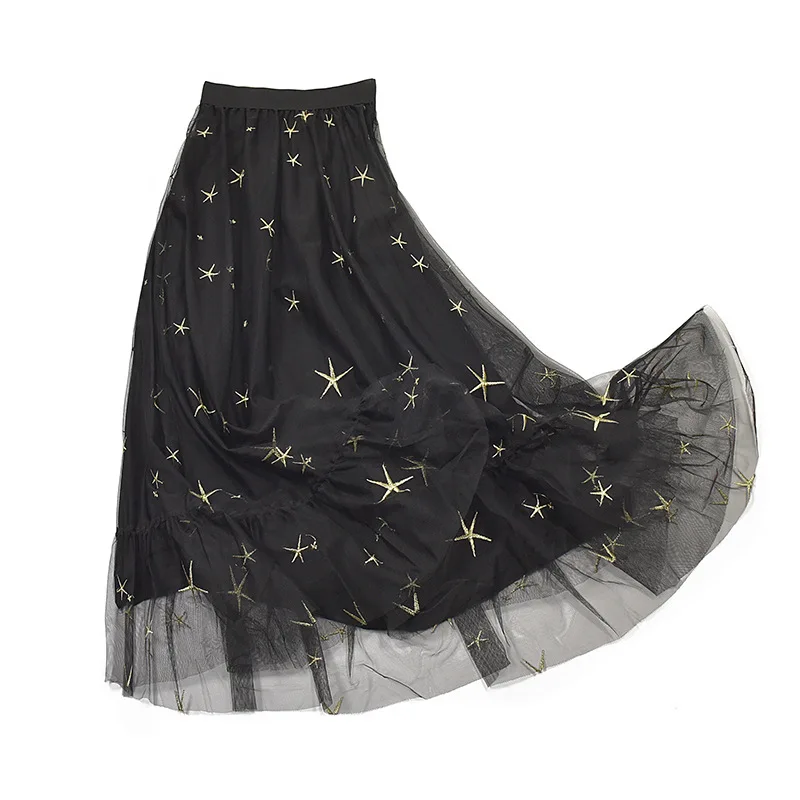 Summer high quality  korean embroidery fashion black long skirt