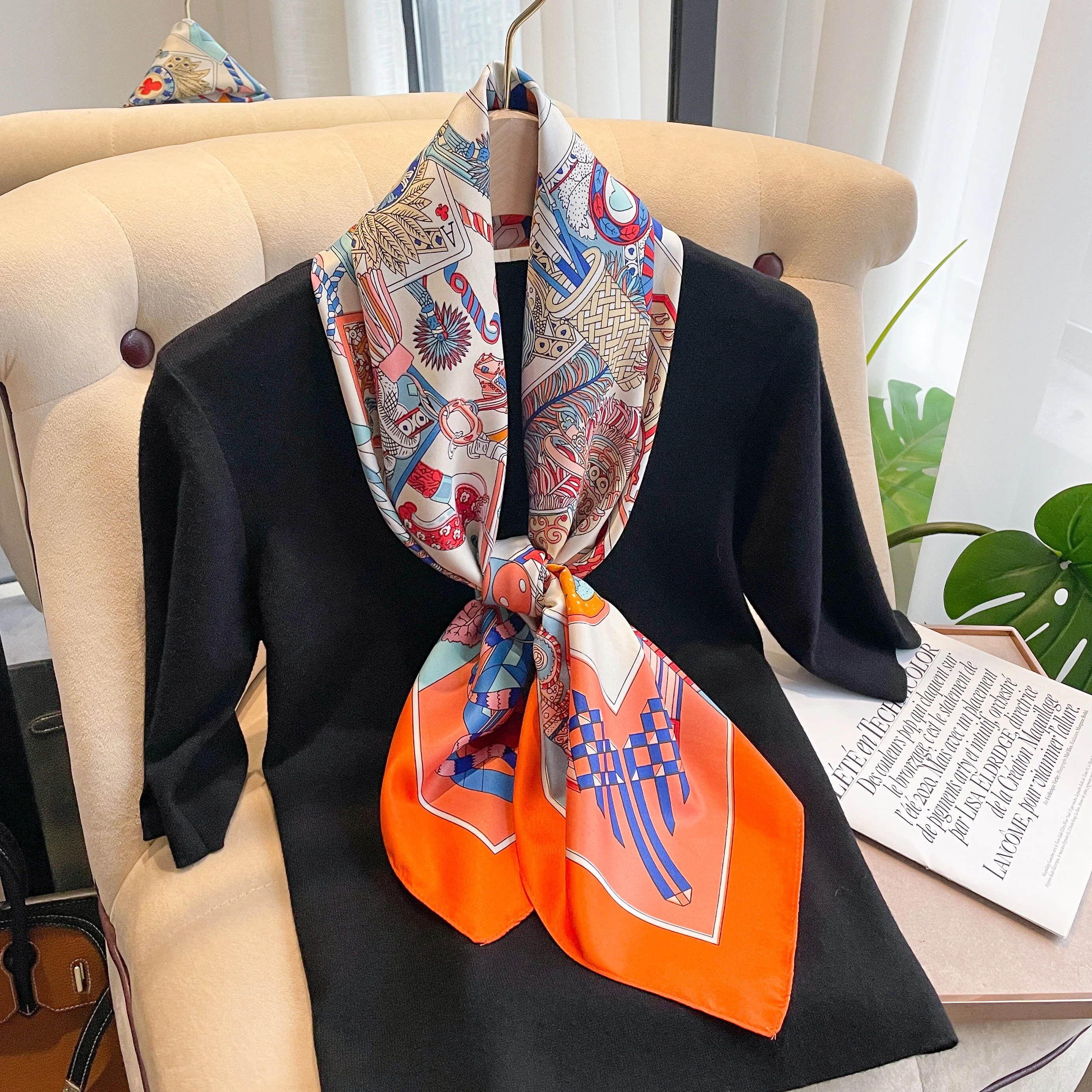 Fashion Printed Twillies  Silk Scarf 90*90 Big Muslim Scarf Hijab Print New Satin Silk  Bandana Women Square Digital