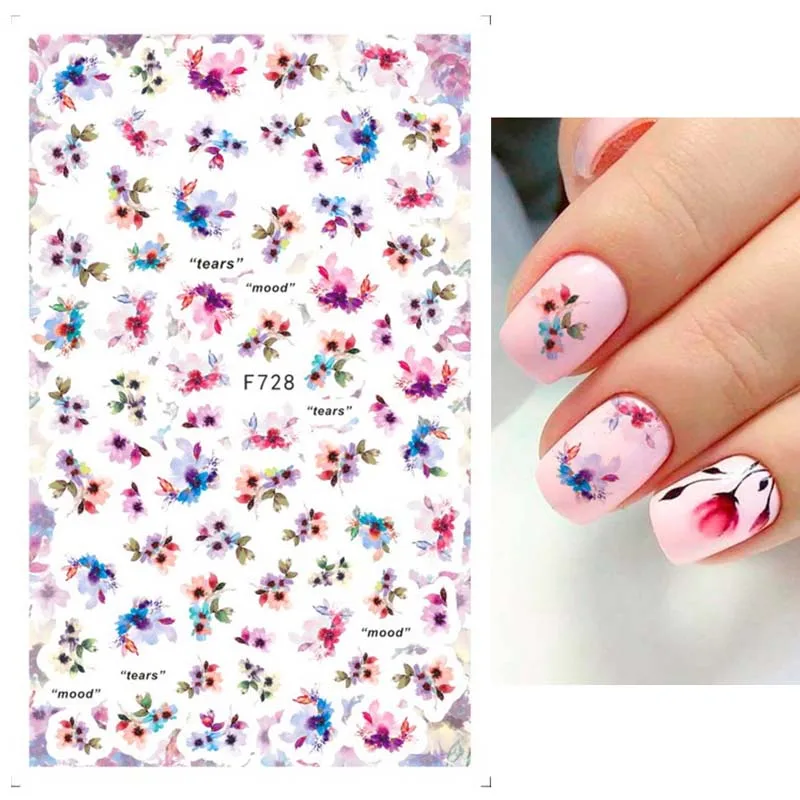 New nail art sticker spring and summer colorful flowers and green leaves designers nail art stickers decal