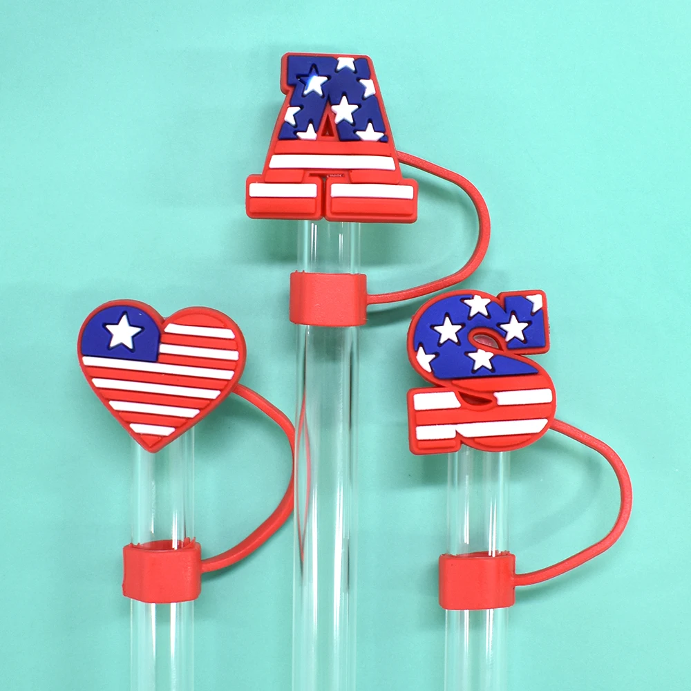Wholesale Bulk 10mm American Flag Pvc Rubber Straw Topper Fashion Heart Star Usa Flag Straw Topper Charm For Tumblers