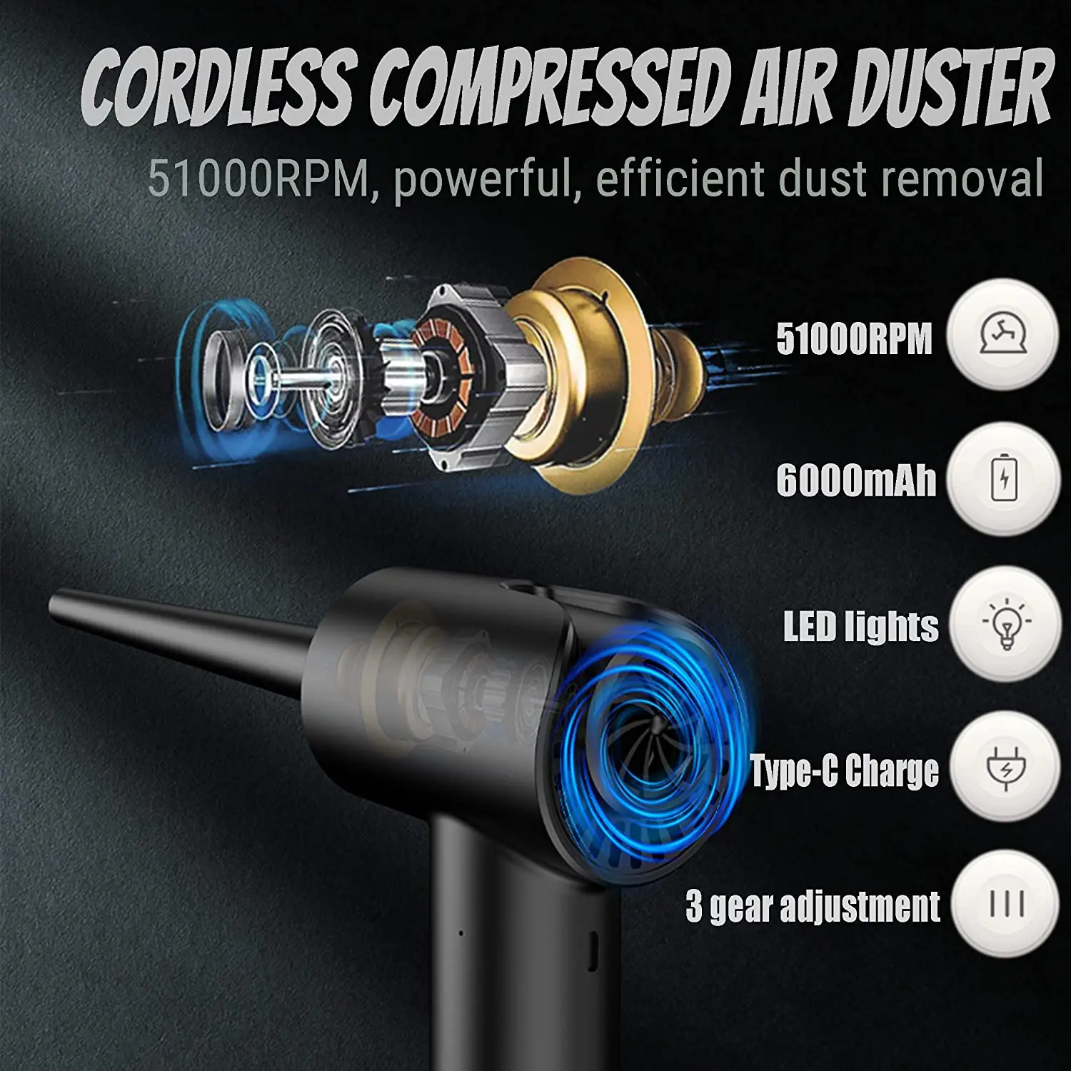 Air Duster 51000rpm Rechargeable Keyboard Cleaning Kit Computer Car Household Dust Removal Compressed Air Can Cleaner