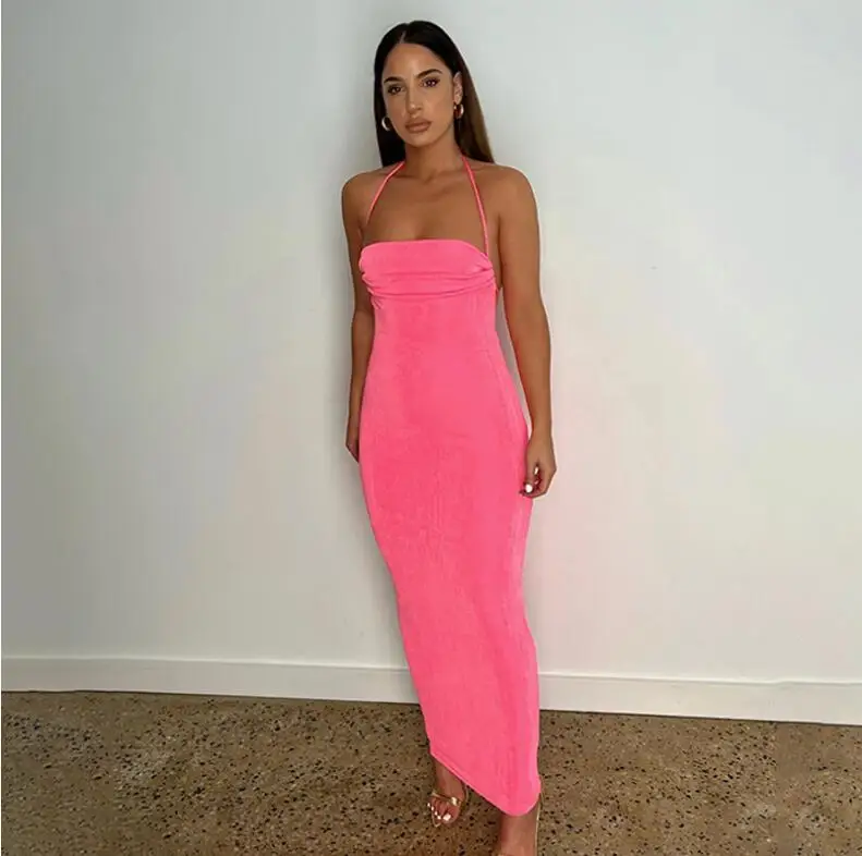 Fashion Design Women Elegant Solid Color Sleeveless Backless Sexy Dress Spaghetti Strap Party Clubwear Women Long Dress