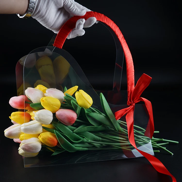 Custom Portable Transparent Fresh Flower PET Box Bouquet Handbag Flowers Wrapping Festivals Party Gift Rose Flower Package Bag