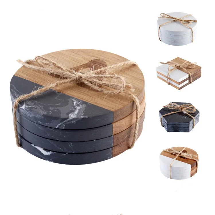 Wholesale Personalized Black Marble Coasters Custom Square Shape Marble and Wood Coasters Decoration Engraved Coffee Cup Coaster