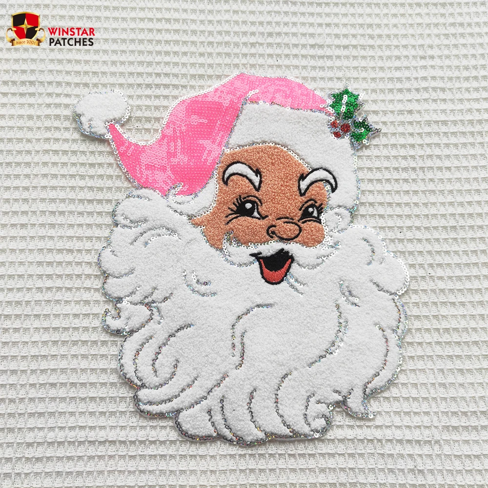 Holiday patch custom Wholesale christmas santa baby Large chenille sequin Embroidery Iron On Patches for Clothing Clothes