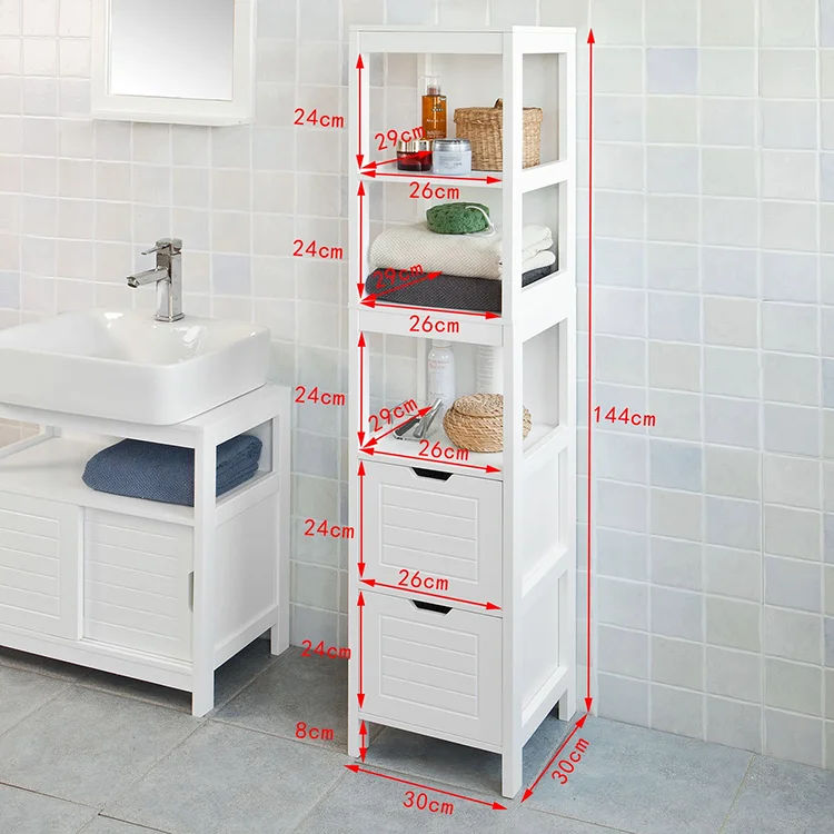 Household Slim Bathroom Storage Rack Organize Corner MDF Narrow Floor Cabinet with 2 Drawers 3 Open Shelves for Living Room