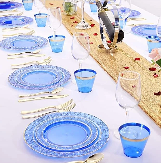 150PCS Clear Blue Plastic Plates with Gold Rim Gold Plastic Silverware-Disposable Wedding  Blue Plates