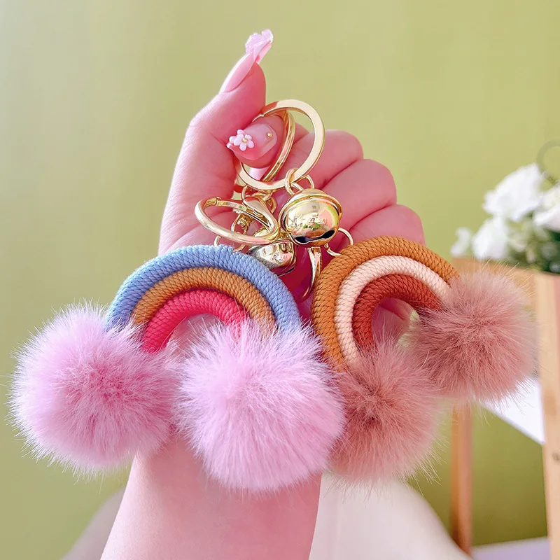 New Rainbow pendant fur ball boho pompom keychain for women