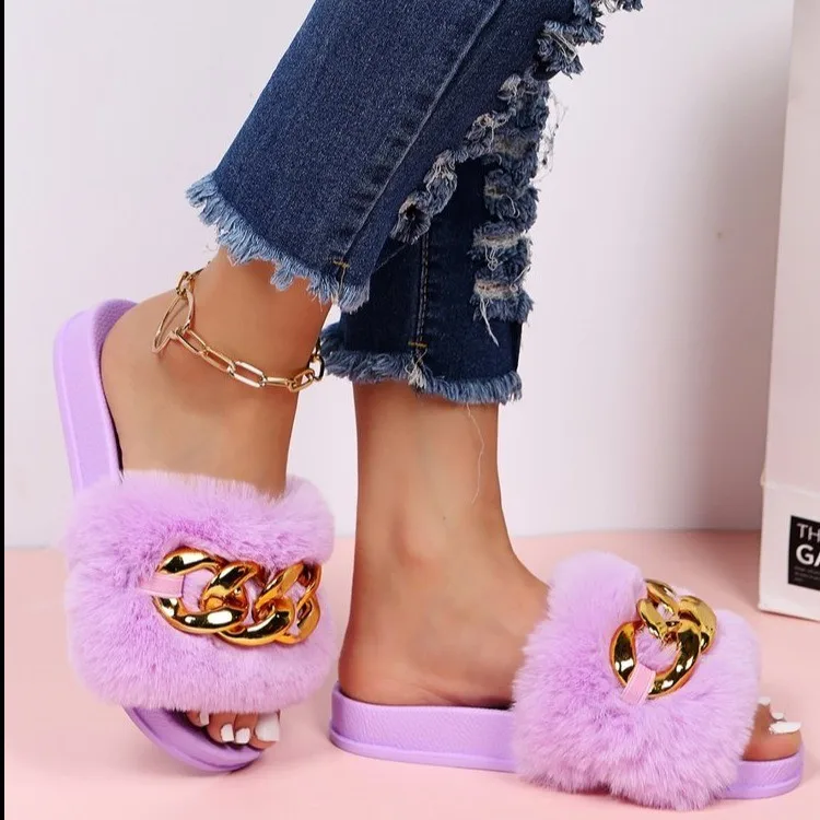 Fashion style size 43 cheaper Custom logo PVC Faux Fur Cotton Fabric Fur Slippers for Women