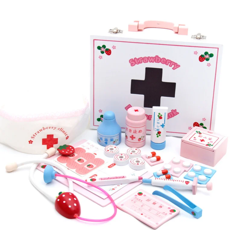 Hot sale new style role play toy wood doctor Tool set  wood strawberry doctor tools toy wood doctor toy