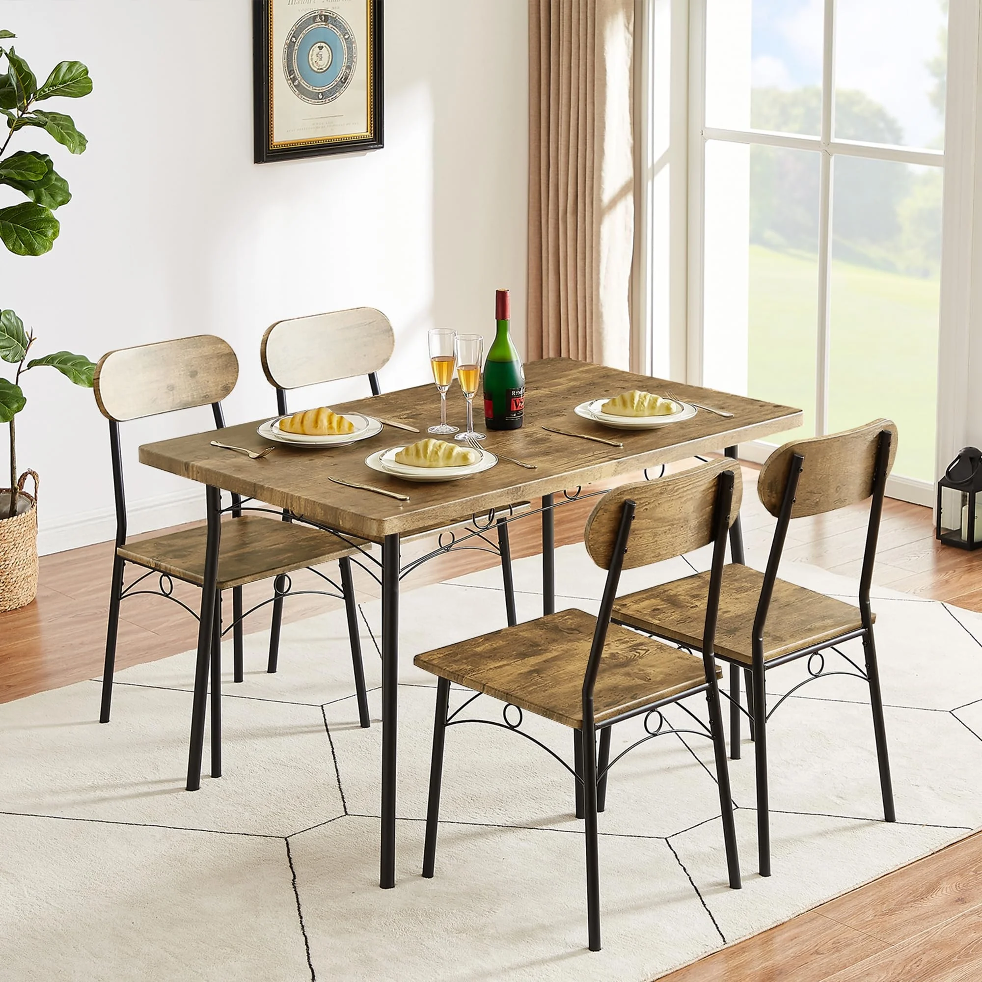 Wood 5 Piece Metal Dining Table Set 4 Chair Table Kitchen Furniture Dining Table Set For Sale